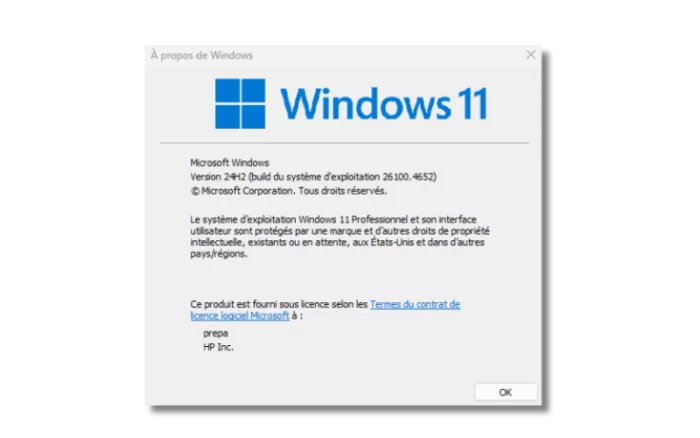 Fenêtre d'information Windows affichant la version du système via winver