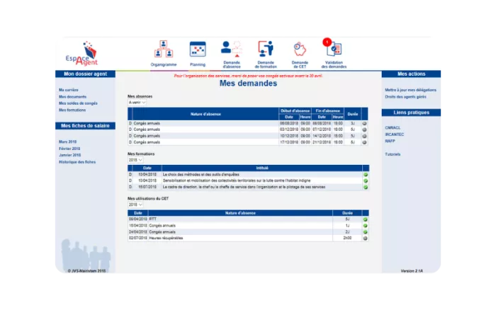 Portail agent RH permettant de gérer les congés, absences et documents administratifs