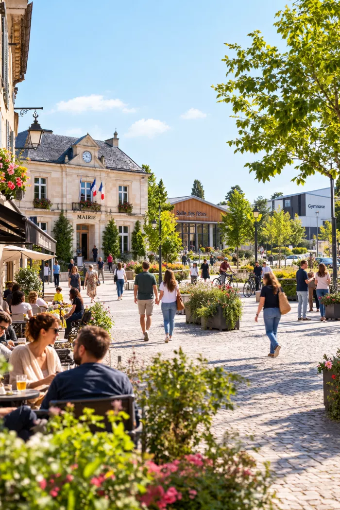 Place de village ensoleillée et animée